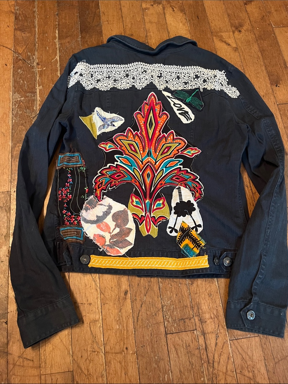 Jessica Navy Blue Denim Jean Jacket with Multicolor Patches